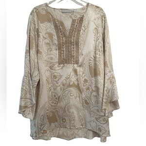 Susan Graver Cream and Tan Paisley Embroidered Tunic